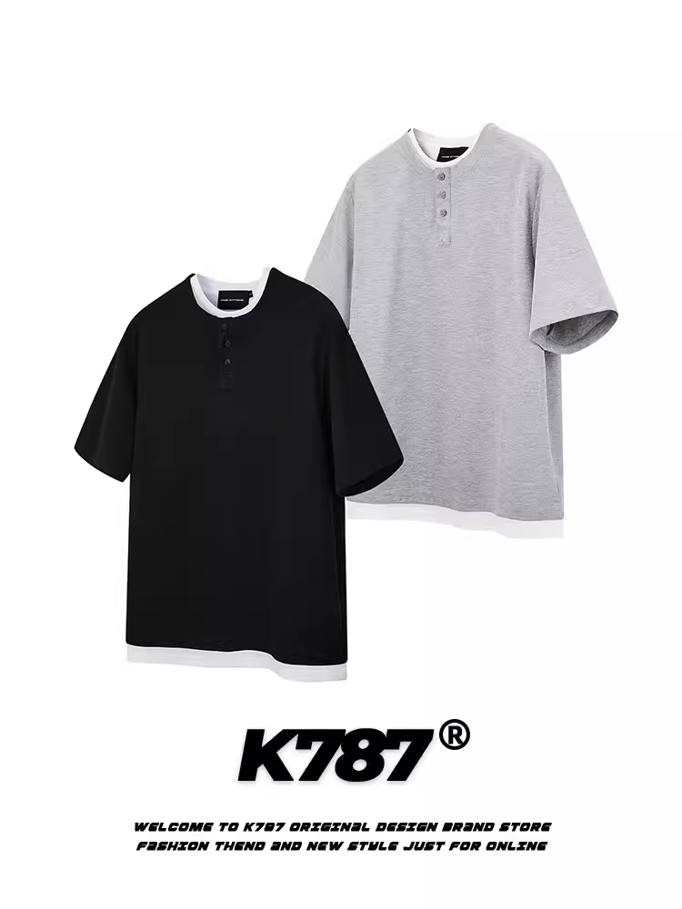 Áo thun nam tay ngắn kiểu dáng giả hai mảnh, chất liệu vải waffle dệt kim, phong cách retro Mỹ K787, thiết kế phối màu mùa hè.