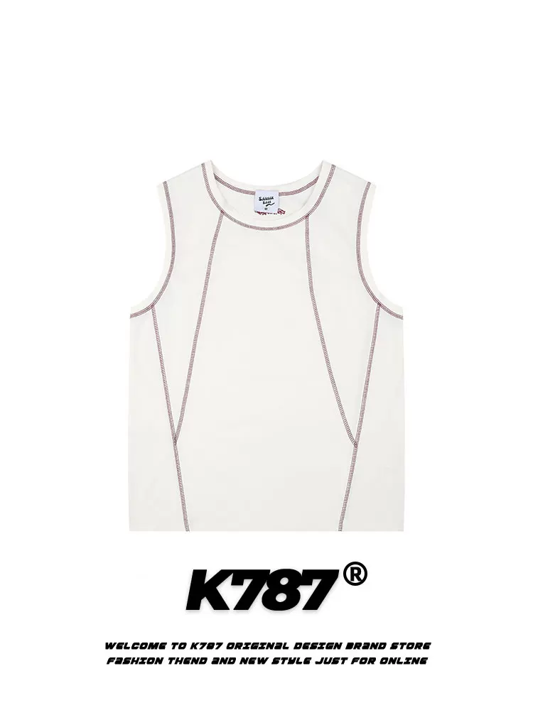Áo ba lỗ unisex phong cách đường phố retro Mỹ K787, kiểu ghép mảnh, thể thao, đa năng, rộng rãi, thoải mái, không tay, áo lót, áo thun