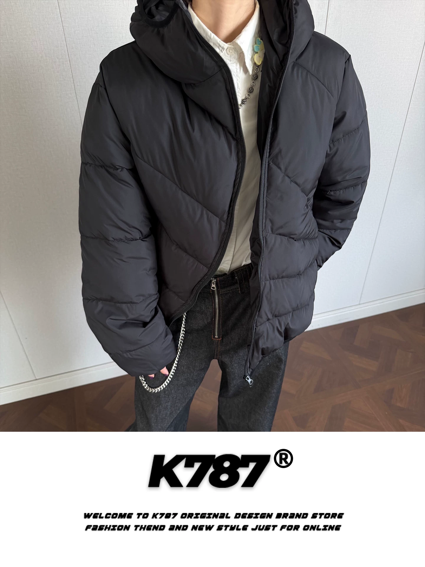 Áo khoác cotton có mũ trùm đầu, khóa kéo chéo, kiểu dáng cổ điển Mỹ K787 dành cho nam, áo khoác cotton dày dặn, ấm áp, kiểu dáng rộng rãi, thoải mái, thích hợp cho cặp đôi.