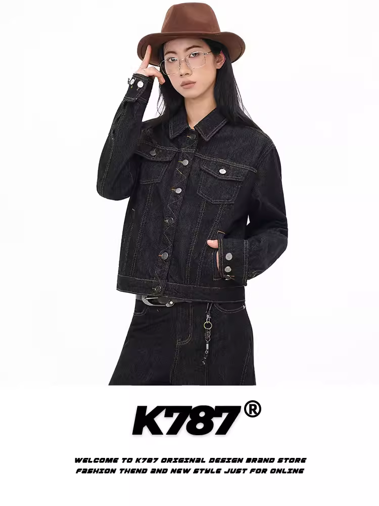 Áo khoác denim kiểu đường phố Mỹ K787, đường may lộ, thương hiệu thời trang unisex, áo khoác ngắn đa năng