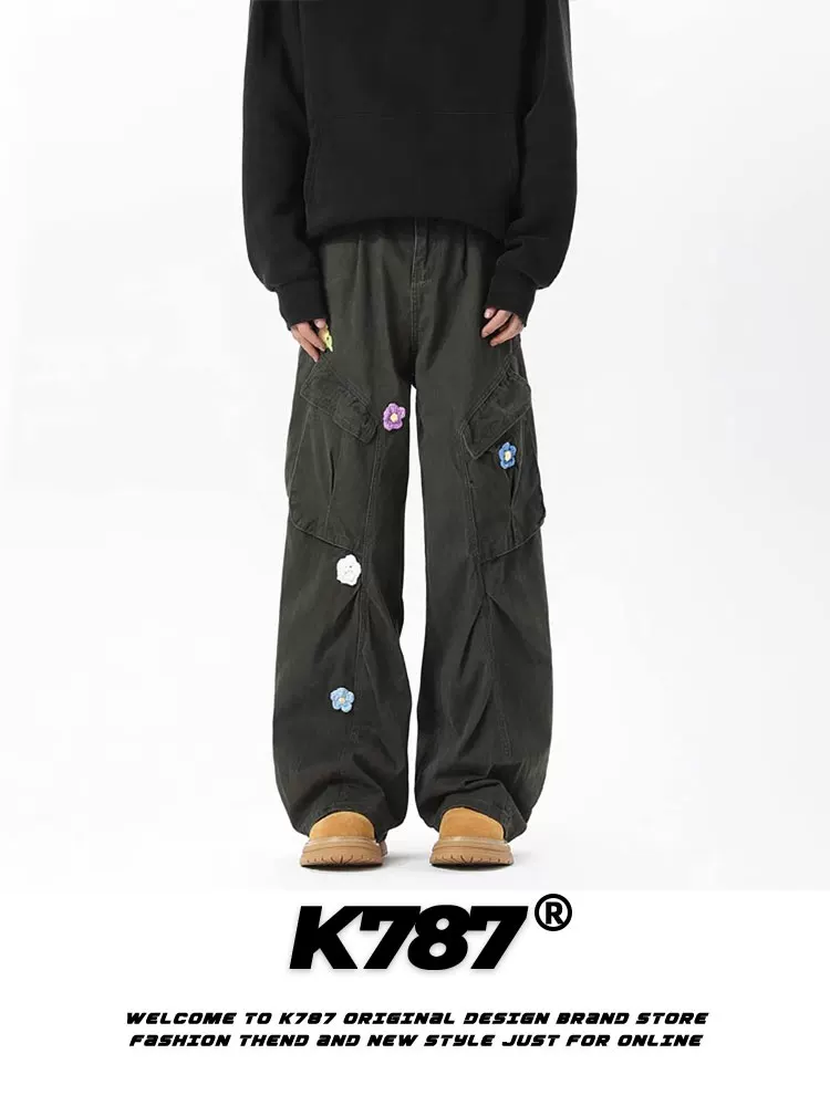 Quần Âu kiểu vintage phong cách Mỹ K787, chất liệu washed, thêu hoa, dành cho nam và nữ, dáng thẳng, phong cách thường ngày