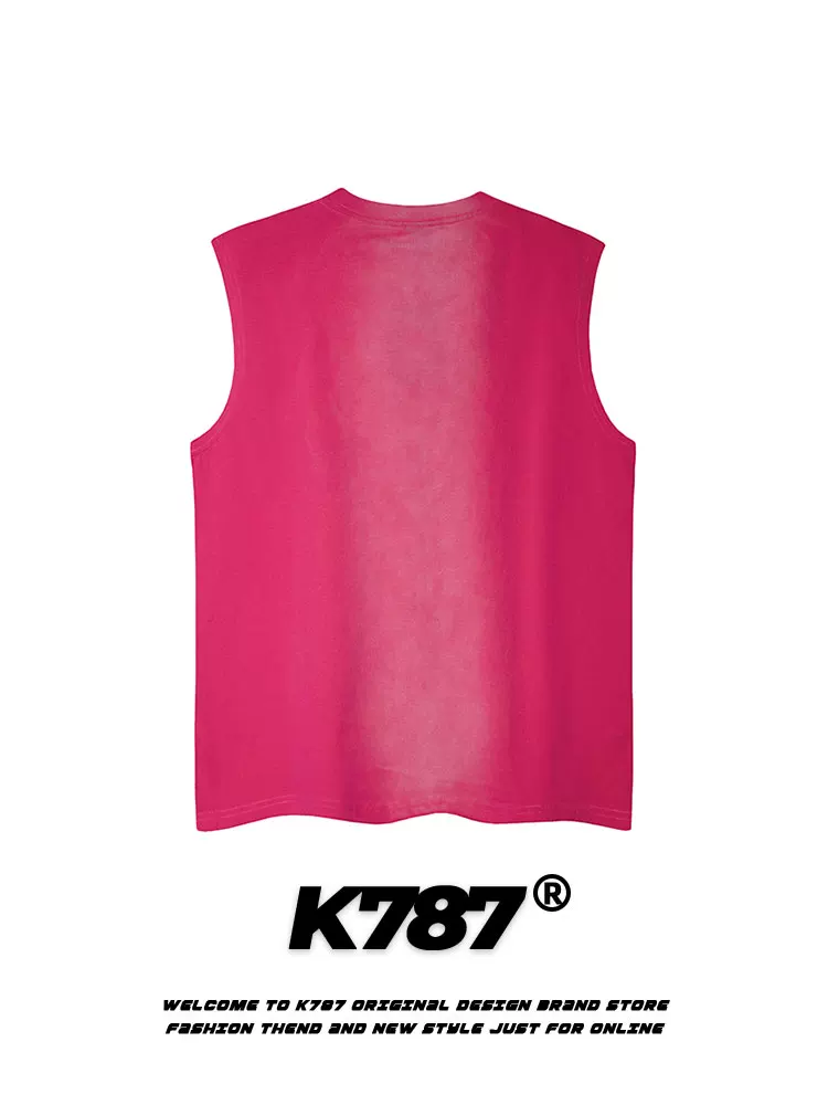 K787 Mỹ retro đường phố hip-hop dưa hấu áo vest màu đỏ Áo thun unisex oversize vòng cổ ins áo không tay