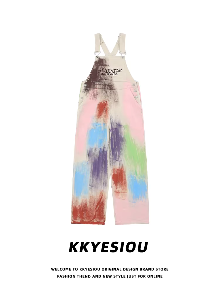 Trang phục phong cách dopamine KKyesiou, quần yếm denim nữ hot girl, cạp cao, phong cách BM, quần ống đứng rộng rãi, thoải mái, phong cách học sinh.