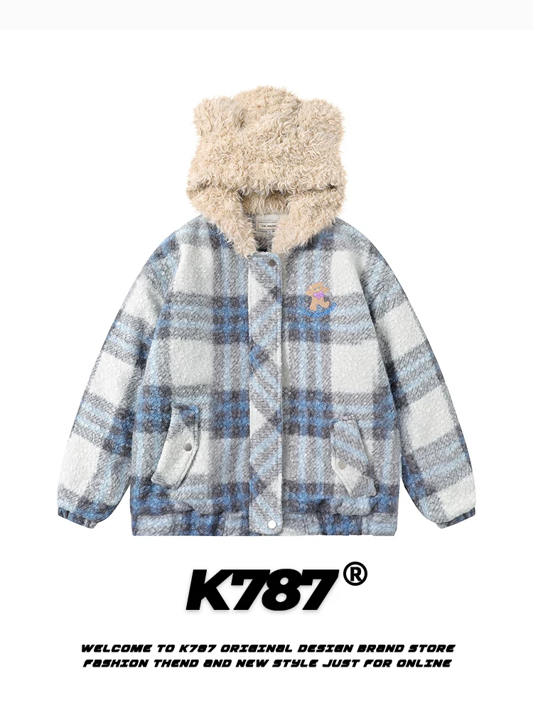Áo khoác cotton có mũ trùm đầu hình gấu vui nhộn bằng len giả K787 dành cho nam và nữ, thêu nặng, áo khoác cotton phong cách đại học.