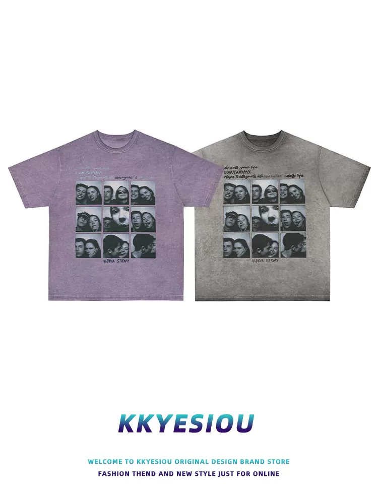 Áo thun nam KKyesiou hip-hop in hình đầu to, kiểu dáng cũ kỹ, tay ngắn, phong cách retro Mỹ, size lớn, dành cho cặp đôi