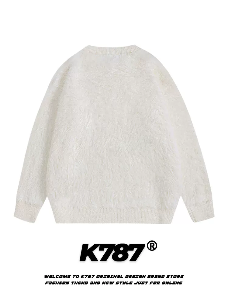 K787 Dopamine Fun Bear Mặt dây chuyền áo len dệt kim dành cho nữ Áo len màu trắng phong cách đại học Dopamine cổ điển của Mỹ