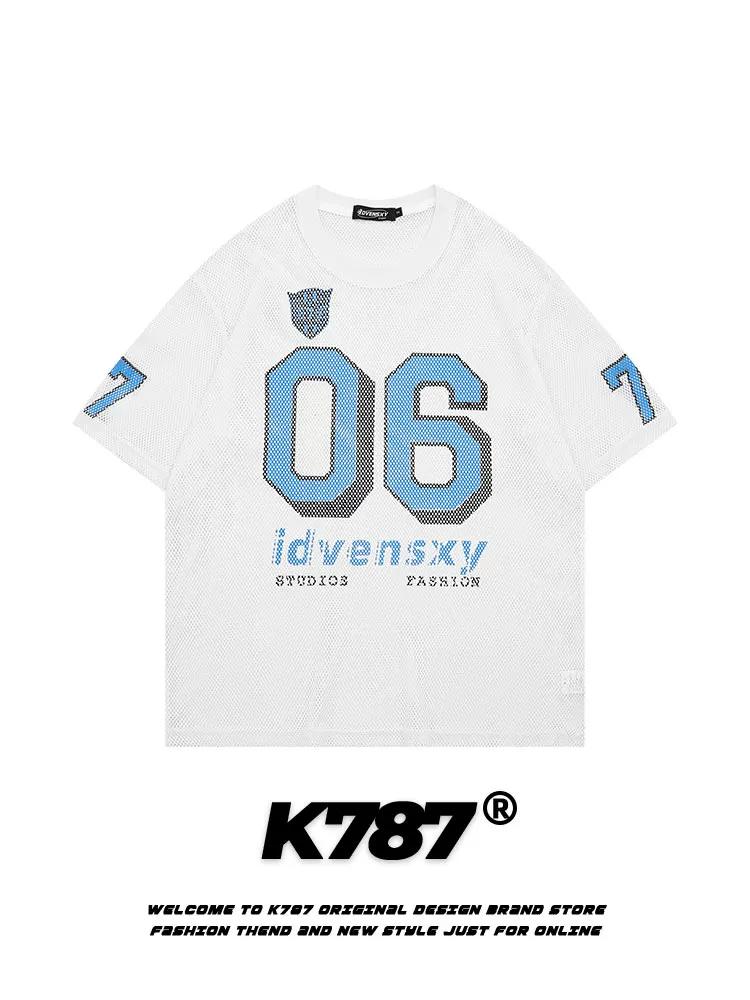 Áo thun jersey in chữ kiểu retro Mỹ K787, tay ngắn, kiểu dáng rộng rãi, thoải mái, thể thao, thoáng khí dành cho nam và nữ
