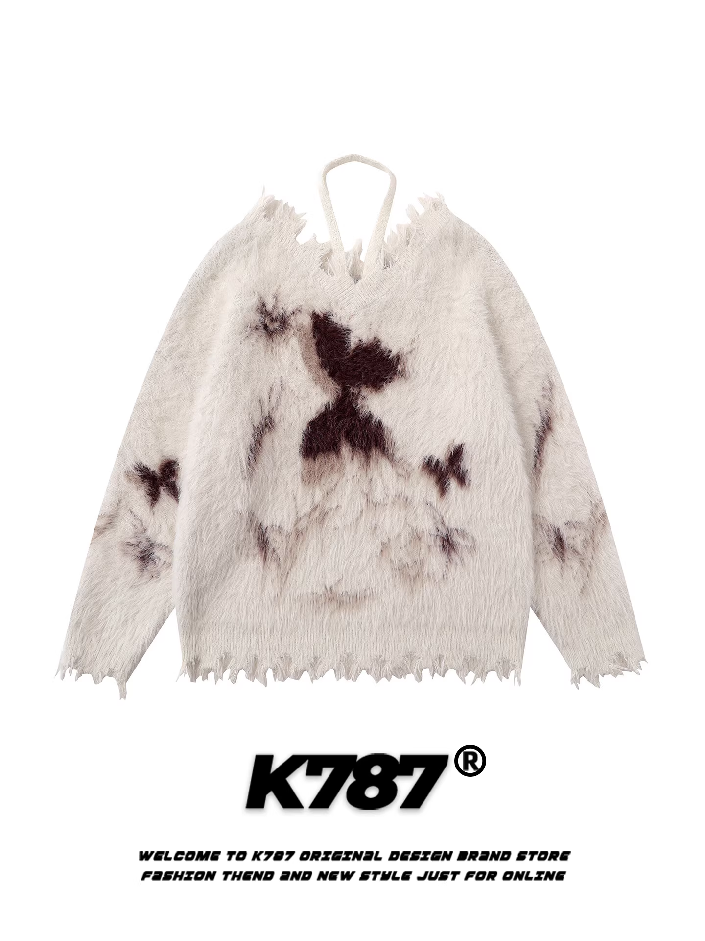 Áo len cổ V dáng halter dệt jacquard họa tiết bướm kiểu Mỹ cổ điển K787 dành cho nữ, kiểu dáng rộng rãi, chất liệu dệt kim đa năng, phong cách giản dị.