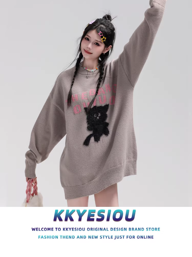 Áo len cặp đôi mèo dễ thương phong cách retro Mỹ, unisex, kiểu dáng học sinh, đa năng, rộng rãi.