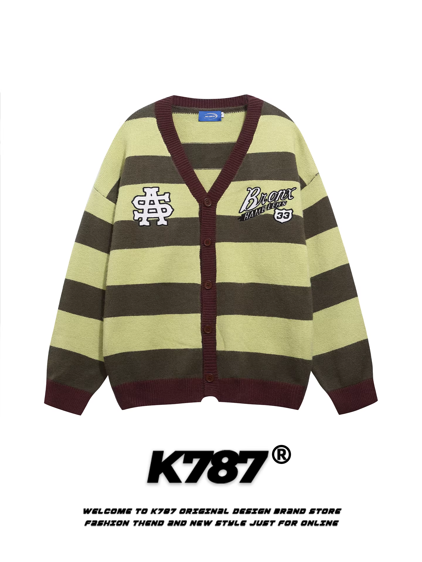 Áo len cổ chữ V phối màu kiểu Mỹ cổ điển K787 dành cho nam và nữ, dáng rộng, tôn dáng, áo khoác cardigan dệt kim phối màu phong cách thường ngày
