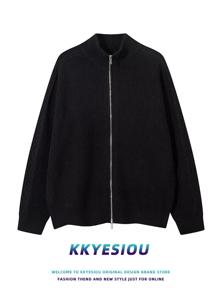 Áo khoác cardigan dệt kim màu trơn kiểu Mỹ cổ điển KKyesiou dành cho nam và nữ, áo len màu xám có khóa kéo phong cách giản dị