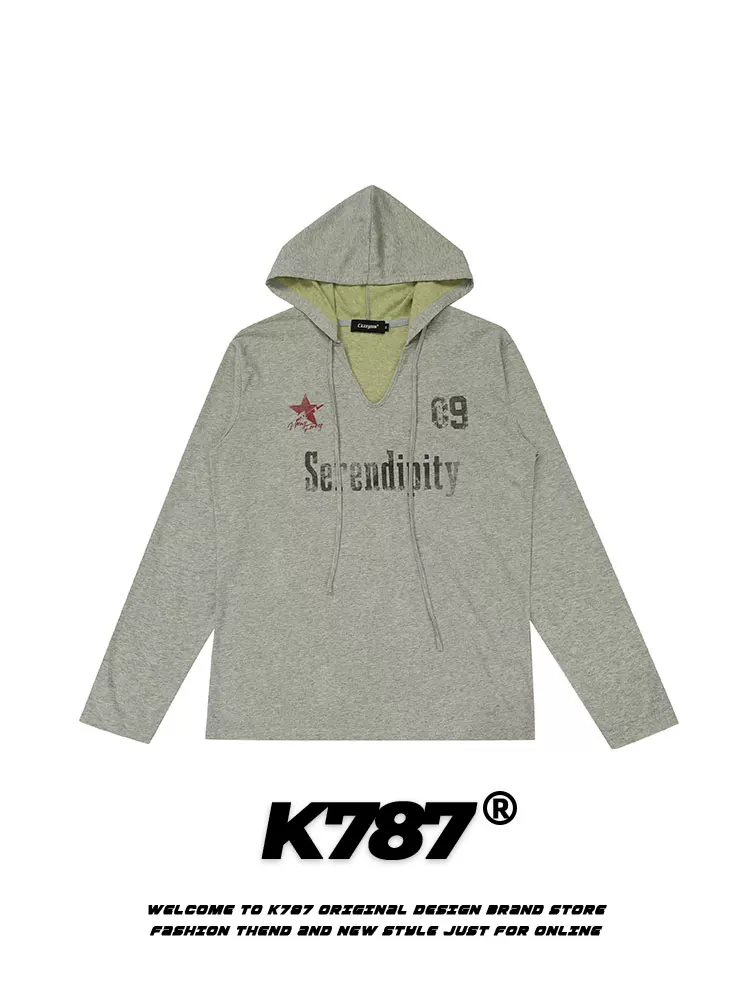 K787 Phong cách retro Mỹ đau khổ chữ cổ chữ V dài tay áo unisex thể thao mỏng có mũ trùm đầu chống nắng áo sơ mi mùa hè