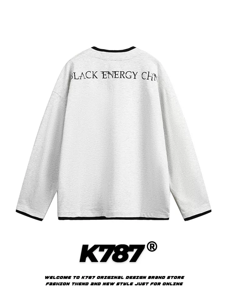 K787 Áo thun giả hai mảnh phong cách retro Mỹ in họa tiết trừu tượng, kiểu dáng unisex, phong cách hip-hop, áo thun dài tay phong cách đại học