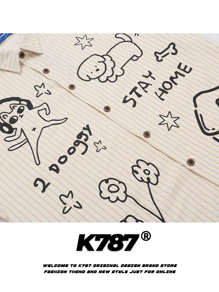 K787 Áo sơ mi ngắn tay phong cách đại học vui nhộn dành cho chó Graffiti Unisex sọc đa năng dáng rộng phong cách lười biếng Áo đôi