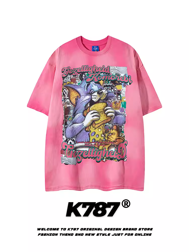 K787 Áo thun ngắn tay họa tiết mèo hoạt hình màu hồng cổ điển của Mỹ dành cho nam và nữ áo oversize đường phố cao cấp đa năng dành cho cặp đôi