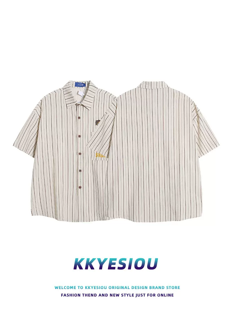 Áo sơ mi ngắn tay sọc phong cách retro Mỹ KKyesiou, unisex, thêu họa tiết, đa năng, áo đôi, áo khoác mùa hè