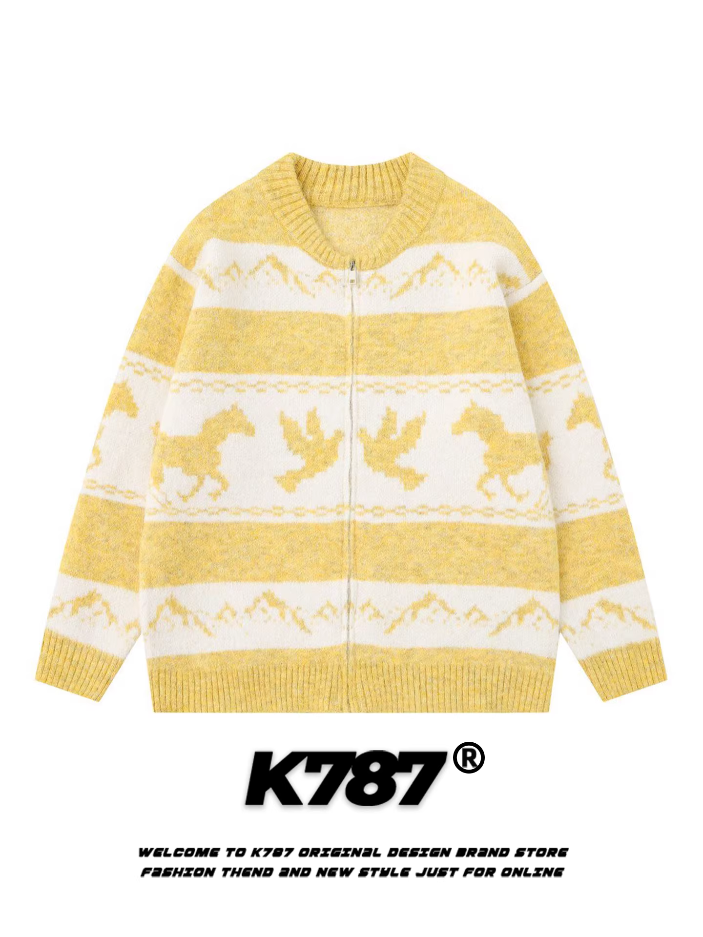 Áo len cardigan dệt jacquard họa tiết động vật cổ điển Mỹ K787 dành cho nam và nữ, kiểu dáng rộng rãi, thoải mái, phong cách năng động, phối màu, đồ đôi.