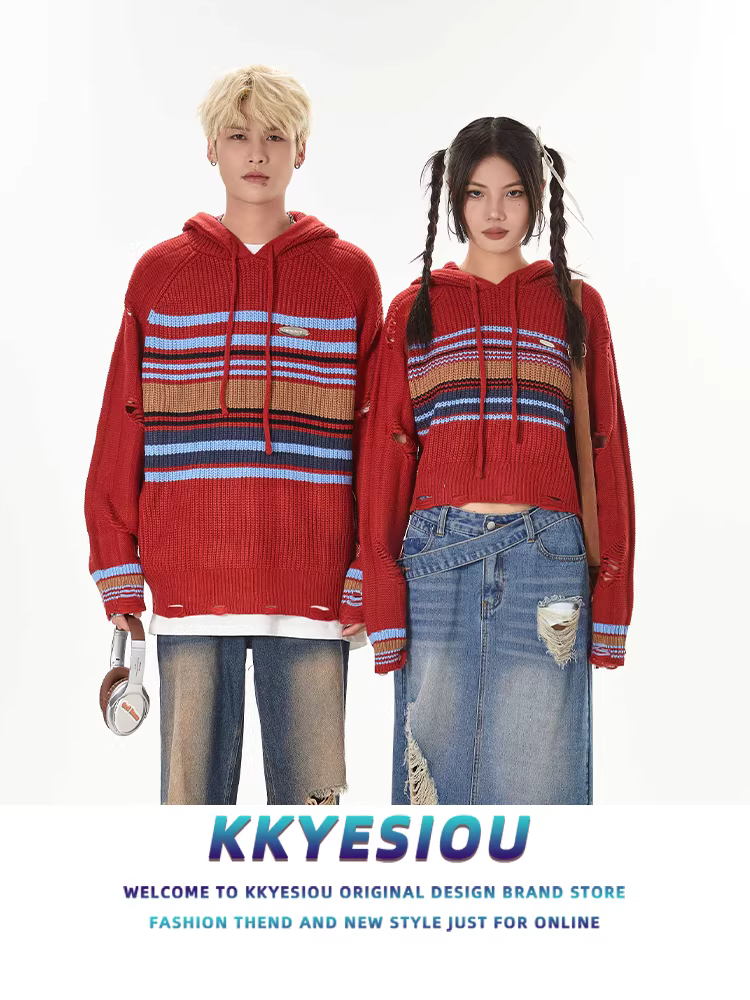 Áo len cặp đôi phong cách retro preppy Mỹ, áo hoodie dệt kim kẻ sọc đỏ dành cho nam và nữ