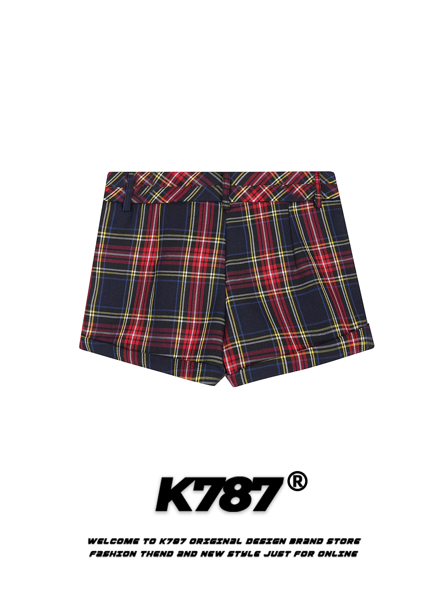 Quần short nữ K787 kiểu Mỹ cổ điển, kẻ ca rô, cạp cao, đa năng, thêu họa tiết, dáng rộng, phong cách thể thao, học sinh, quần short năng động
