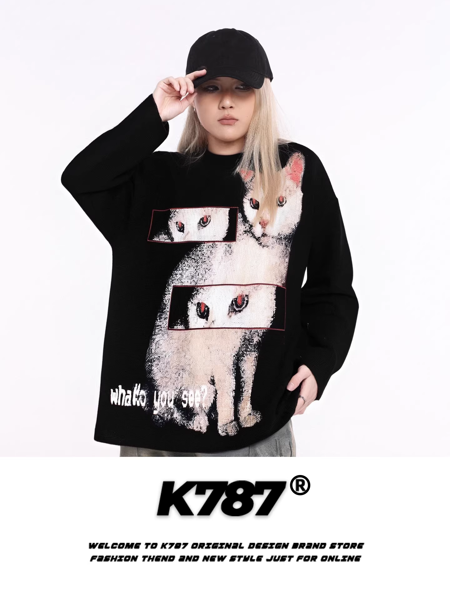 Áo thun dài tay in hình mèo hoạt hình cổ điển kiểu Mỹ K787 dành cho nam và nữ, áo kiểu dáng rộng rãi, phong cách giản dị