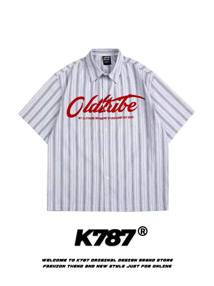 Áo sơ mi ngắn tay thêu sọc cổ điển kiểu Mỹ K787 dành cho nam và nữ, phong cách cổ điển Trung Quốc, áo cardigan nửa tay rộng rãi và đa năng.