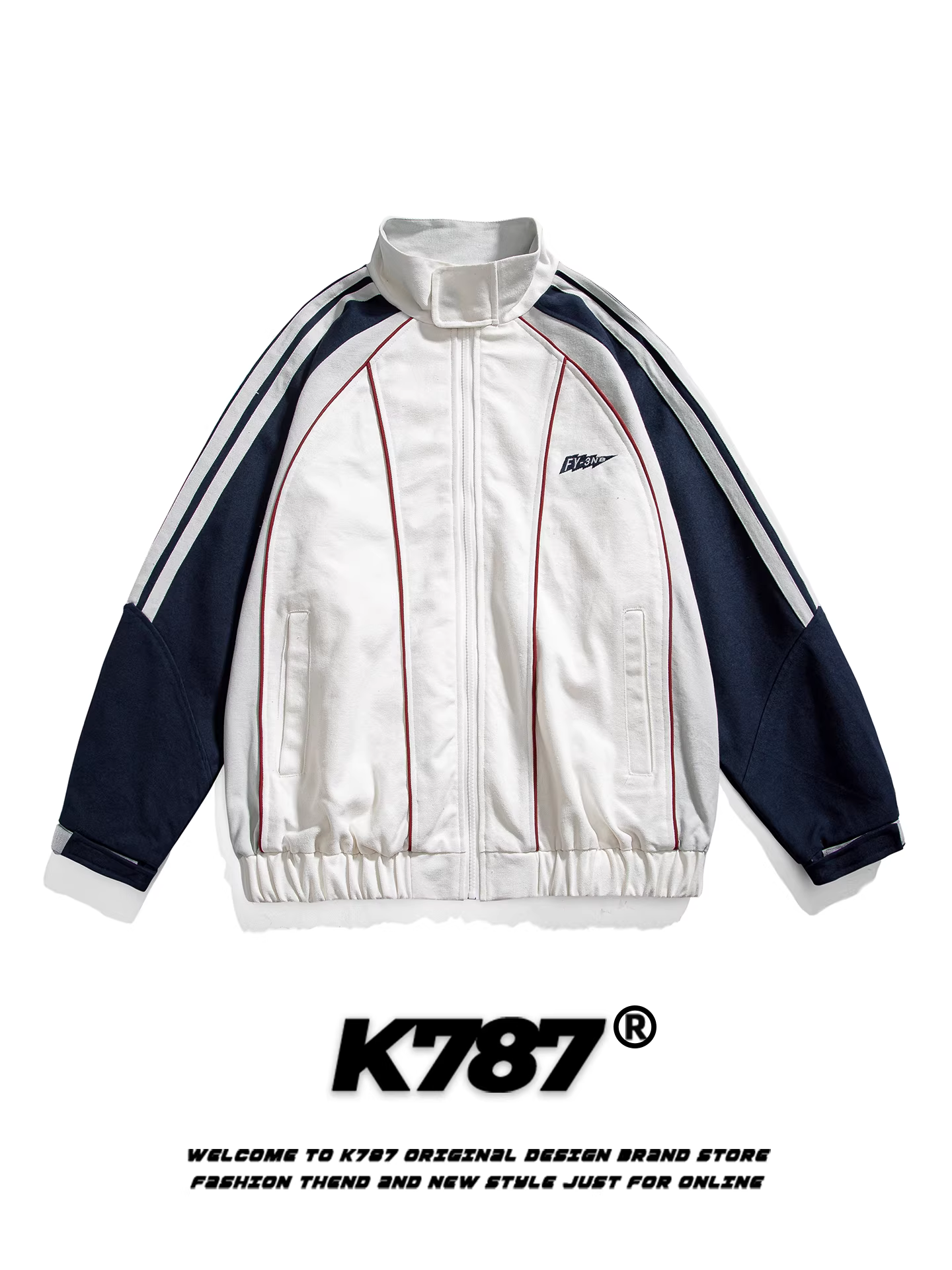 Áo khoác bomber phối màu phong cách retro Mỹ K787, unisex, thời trang đường phố, dáng rộng, dành cho cặp đôi, màu trắng