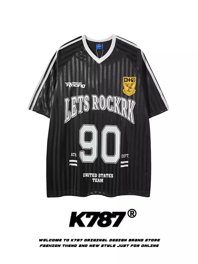 K787 Áo thun ngắn tay kiểu Mỹ cổ điển sọc blokecore unisex thể thao đa năng cổ chữ V áo thun cặp đôi