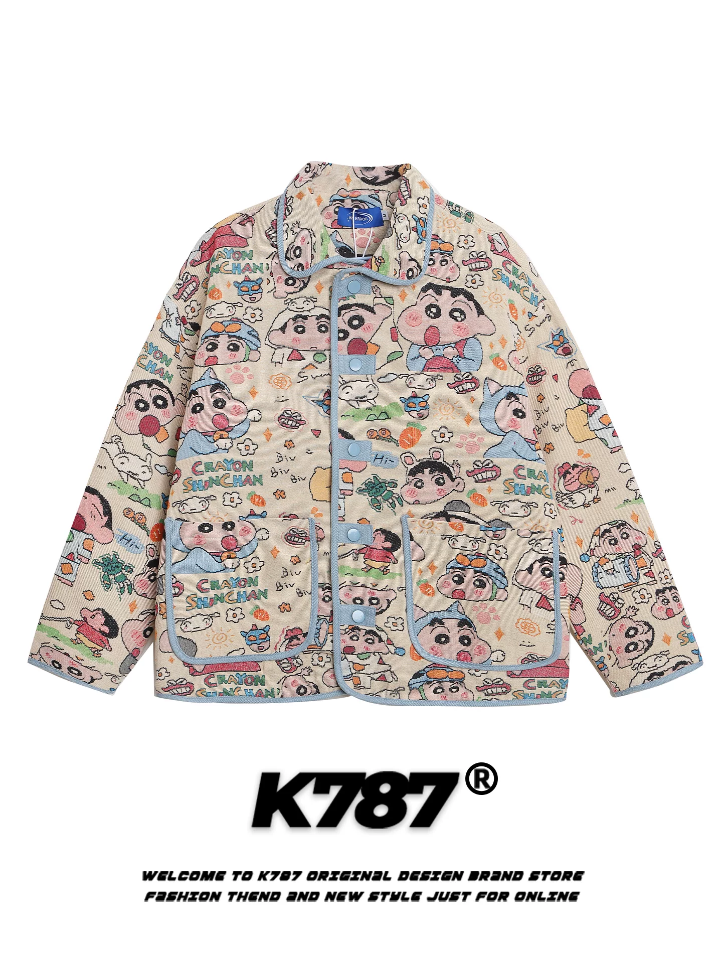 Áo khoác hoạt hình Crayon Shin-chan phong cách đường phố Mỹ K787 dành cho nam và nữ, áo khoác cặp đôi thiết kế cổ điển