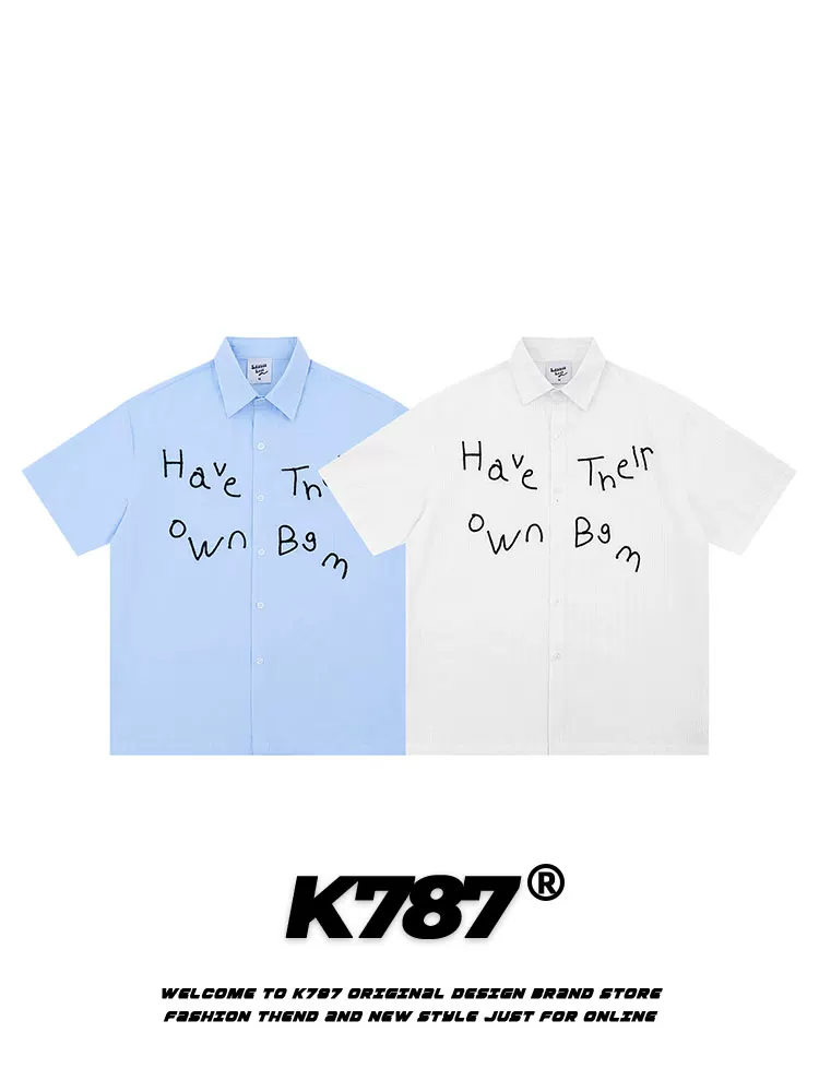 K787 Mỹ retro thêu chữ phong cách đại học áo sơ mi ngắn tay unisex cổ điển đa năng cardigan hàng đầu mùa hè