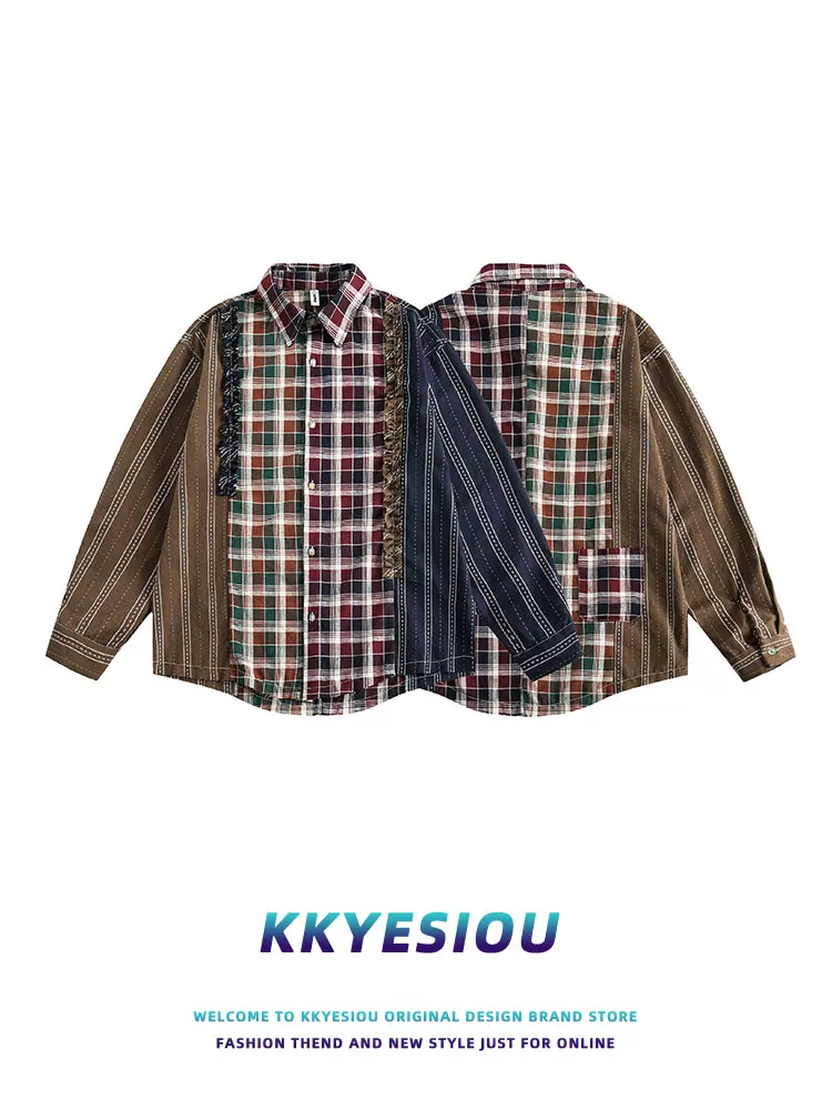 Áo sơ mi dài tay KKyesiou kiểu Mỹ cổ điển, phối ren, họa tiết kẻ sọc, unisex, thời trang, thương hiệu xu hướng, áo khoác cặp đôi mùa xuân thu