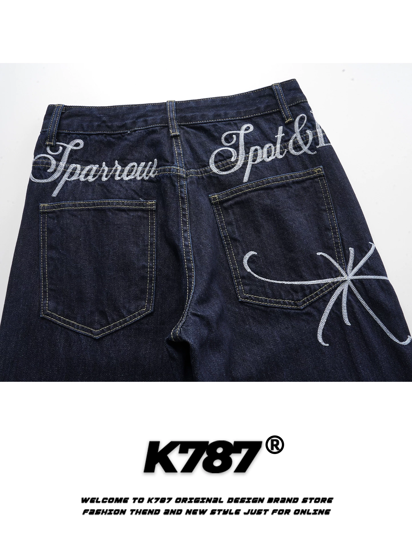 Quần jeans K787 kiểu Mỹ cổ điển, thêu chữ ở hông, unisex, dáng xuông rộng, cạp cao, màu gốc, đa năng, phong cách thường ngày