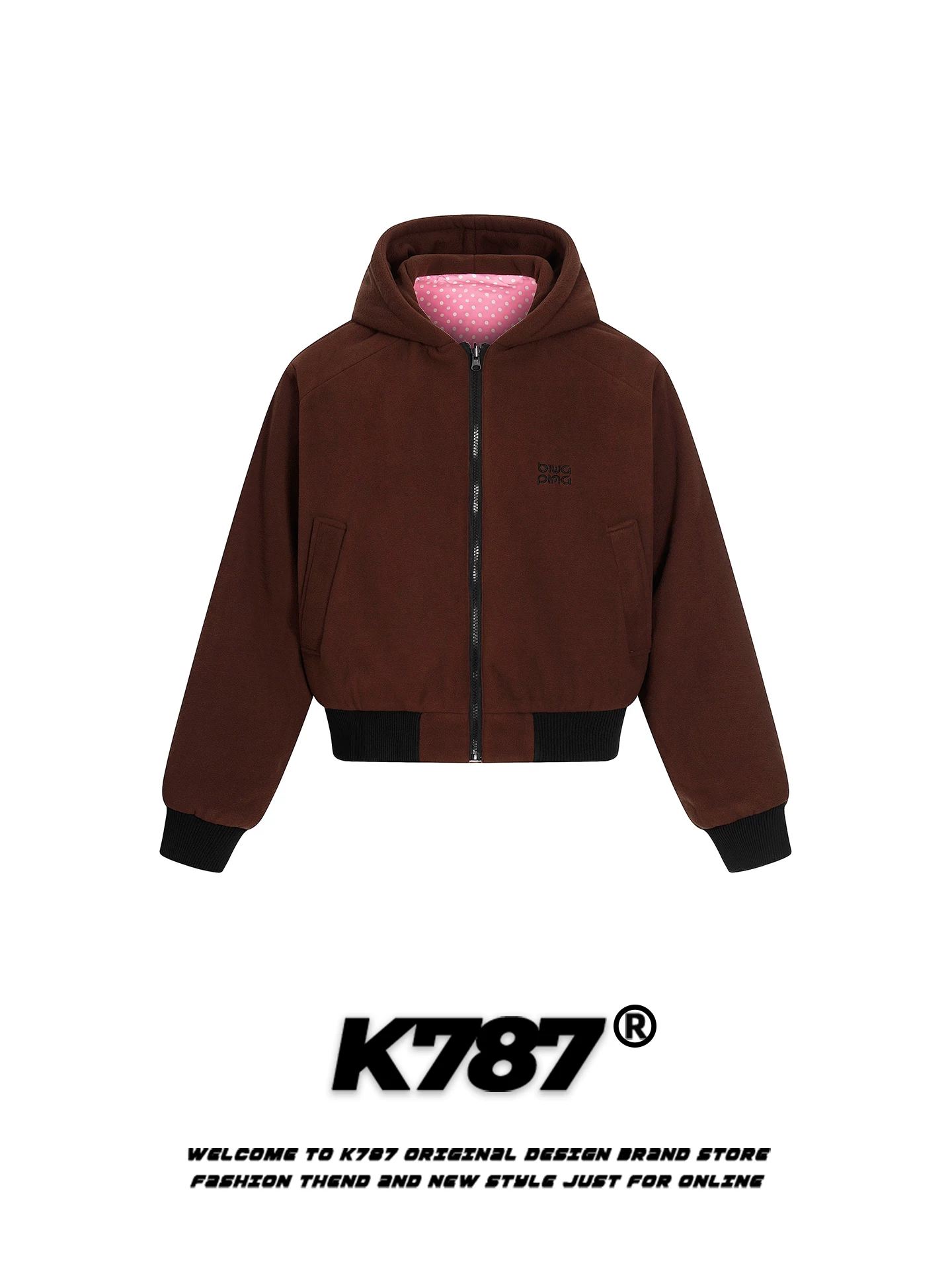 Áo khoác cotton có mũ trùm đầu, họa tiết chấm bi cổ điển kiểu Mỹ K787 dành cho nữ, lót lông cừu, ấm áp, dày dặn, áo khoác cotton ngắn có khóa kéo dành cho mùa đông.