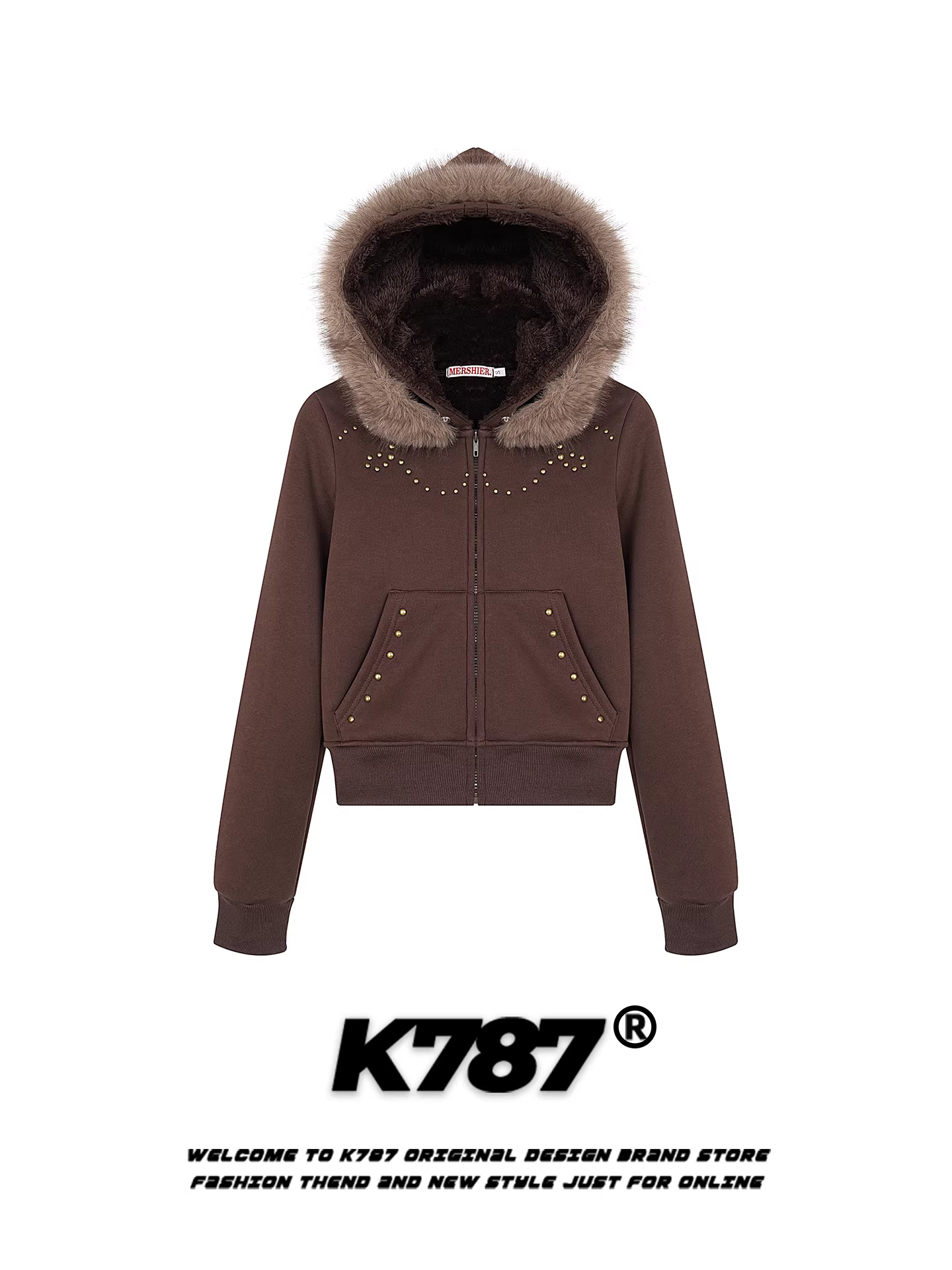 Áo khoác có mũ trùm đầu dày dặn kiểu cổ điển Mỹ K787 dành cho nữ, phong cách hot girl, lót lông cừu, ấm áp, áo khoác ngắn có khóa kéo dành cho mùa đông.