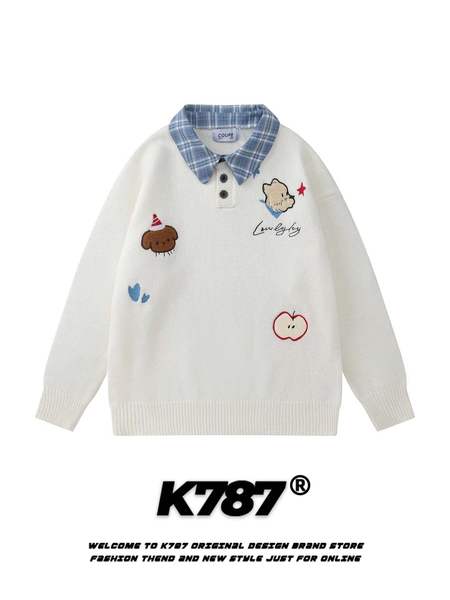 Áo sơ mi POLO thêu hình chú chó kiểu Mỹ K787 dành cho nữ, chất liệu len dệt kim phối họa tiết ca rô, kiểu dáng rộng rãi, phong cách sinh viên, dành cho cặp đôi