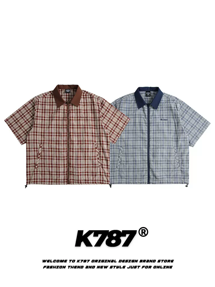Áo sơ mi ngắn tay kiểu Mỹ cổ điển K787, phối họa tiết ca rô, viền phối màu, dành cho nam và nữ, có dây buộc ở gấu, dáng rộng, kiểu cardigan nửa tay, thích hợp đi làm.