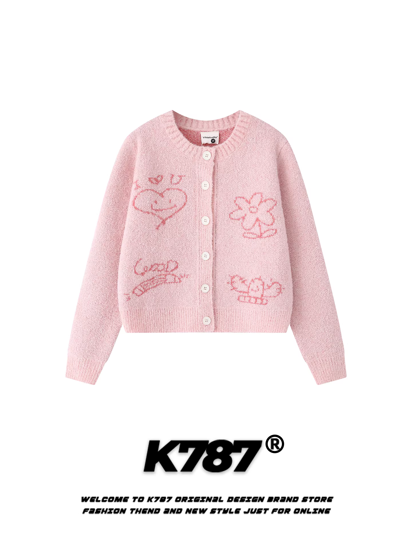 Áo len cardigan mèo hoạt hình dễ thương K787 dành cho nữ, kiểu dáng rộng rãi, thoải mái, phong cách lười biếng, màu hồng, chất liệu len ngắn, mùa thu