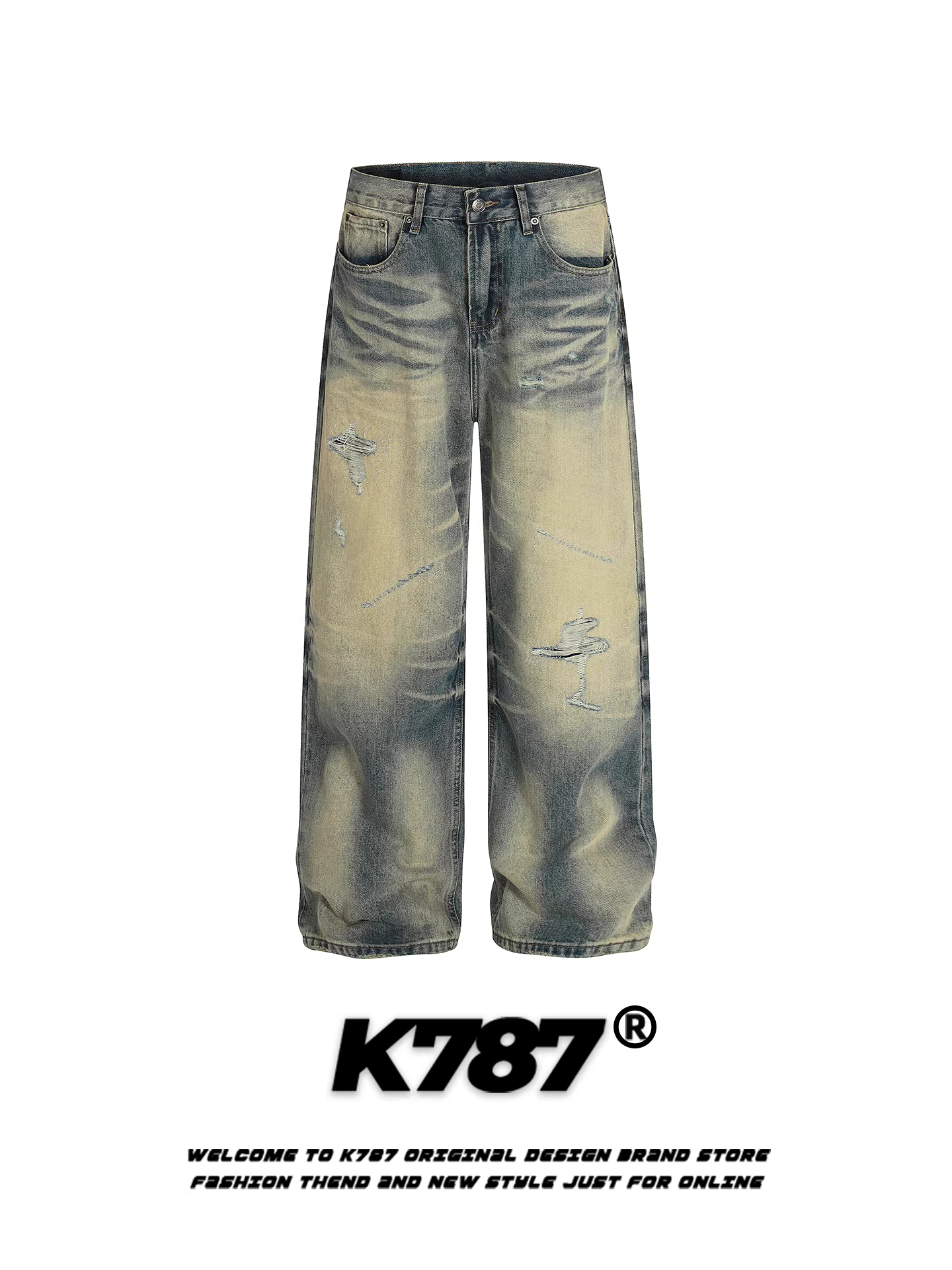 Quần jeans K787 kiểu Mỹ cổ điển, xước rách, dành cho nam và nữ, dáng rộng, màu phai, kiểu dáng vintage, ống thẳng, hợp thời trang.