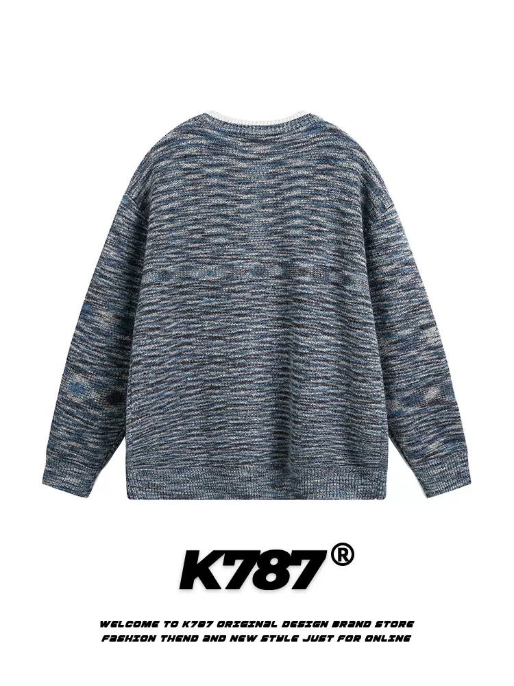 Áo cardigan len dệt kim cổ tròn phối màu phong cách retro Mỹ K787, kiểu dáng unisex, phong cách lười biếng, chất liệu dệt kim, kiểu dáng thường ngày.