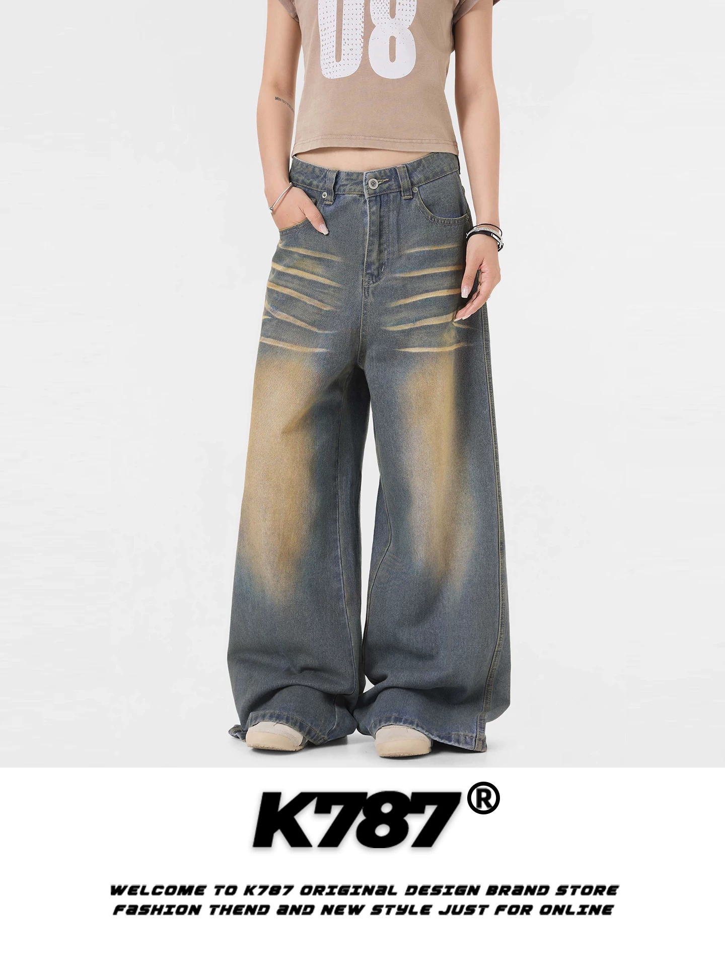 Quần jeans K787 kiểu Mỹ cổ điển màu vàng đất, xước cũ, dành cho nam và nữ, cạp cao, kiểu dáng thời thượng, rộng rãi, thẳng, phong cách đường phố, quần ống rộng