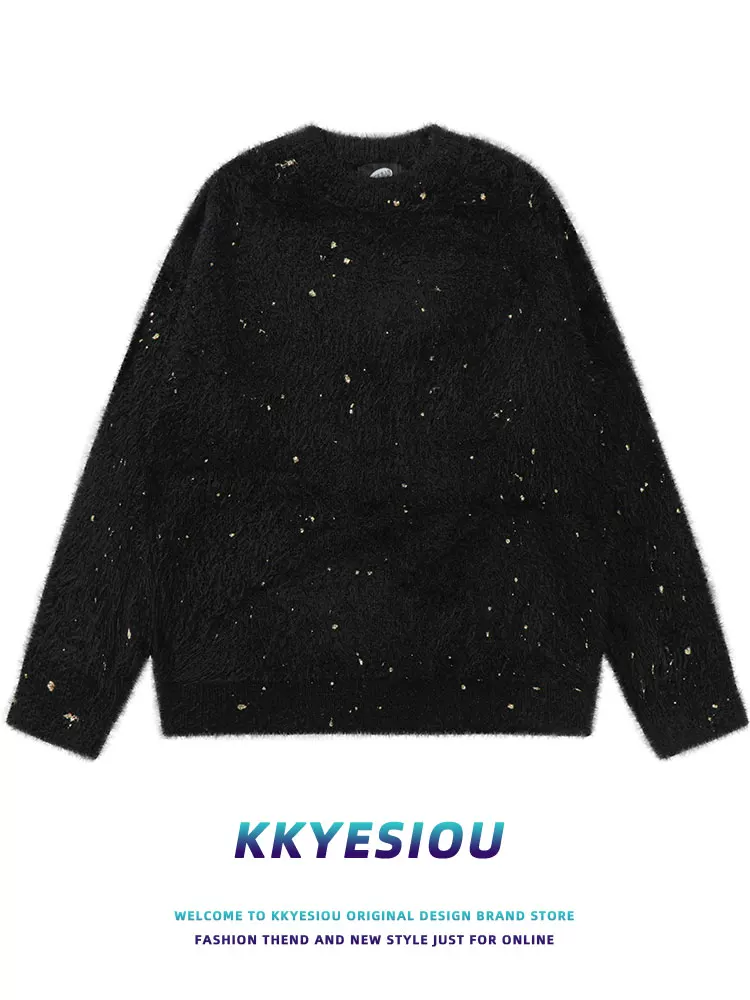 Áo len dệt kim đen đính sequin kiểu dáng lười KKyesiou dành cho nam và nữ, mùa thu 2024, phong cách đường phố Mỹ, áo len đôi
