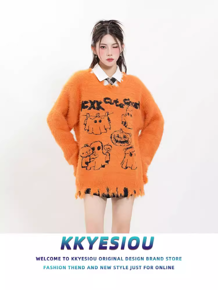 Áo len màu cam Halloween kiểu dáng độc đáo KKyesiou, unisex, phong cách retro Mỹ, dành cho cặp đôi