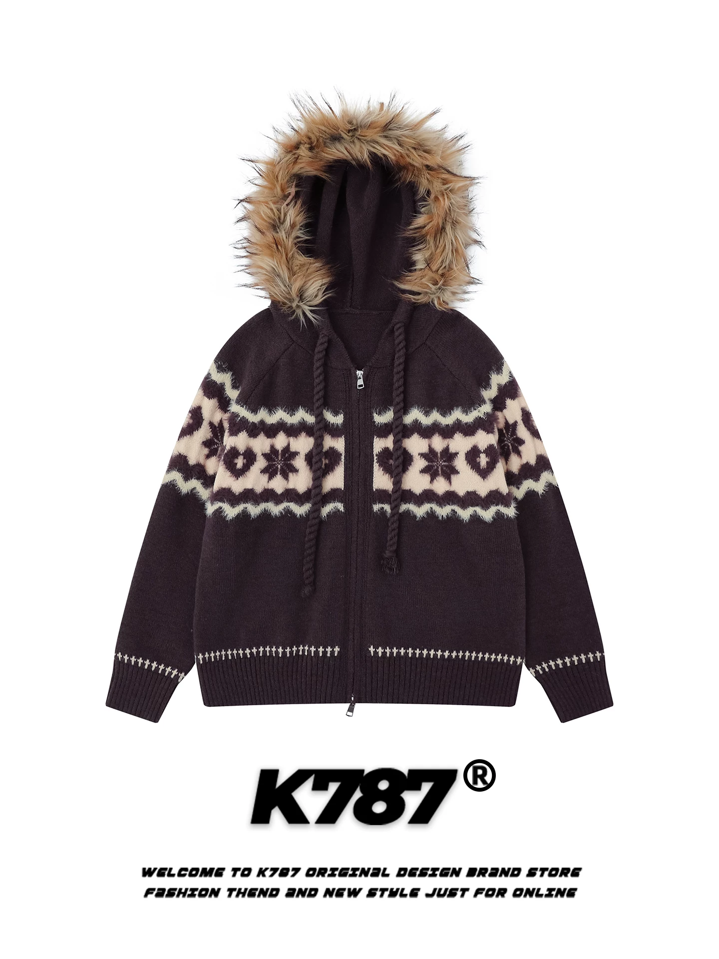 Áo len cardigan có mũ trùm đầu kiểu Mỹ cổ điển K787, họa tiết Fair Isle dệt jacquard, dành cho nam và nữ, phong cách lười biếng, dáng rộng, chất liệu dệt kim thoải mái.