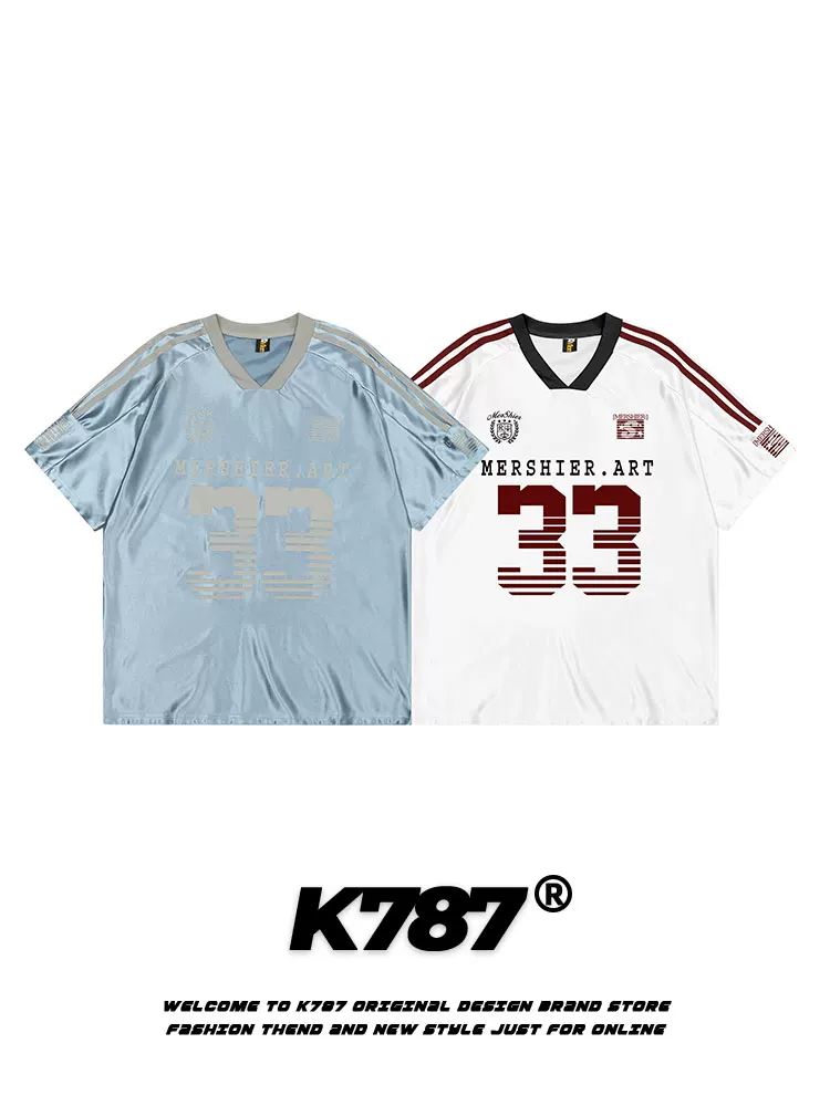 K787 Áo thun ngắn tay cổ chữ V phong cách retro quốc gia Mỹ dành cho nam và nữ blokecore chữ đau khổ jersey nửa tay