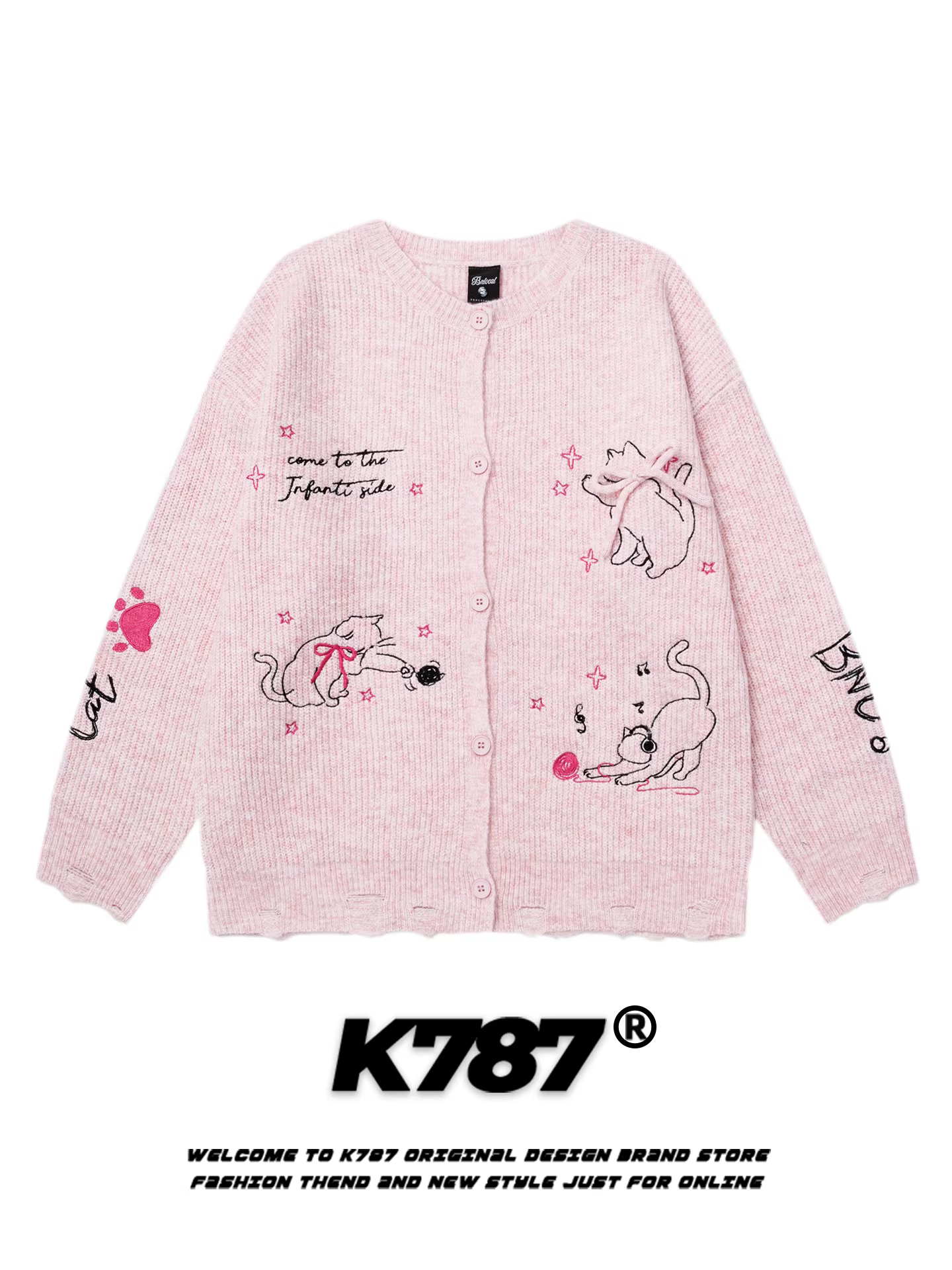 Áo len cardigan thêu hình động vật hoạt hình phong cách ngọt ngào Mỹ K787 dành cho nam và nữ, kiểu dáng rộng rãi, thoải mái, áo khoác cặp đôi dệt kim