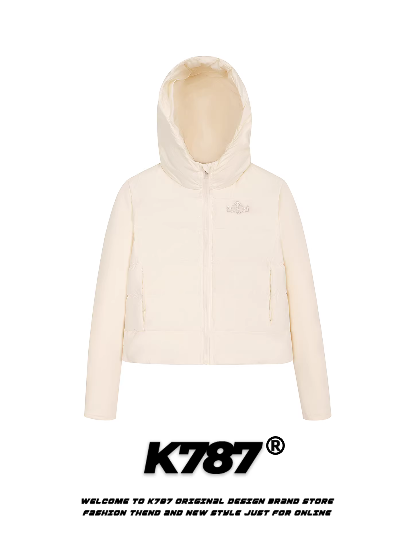 Áo khoác phao có mũ trùm đầu thêu hình trái tim cổ điển Mỹ K787 dành cho nữ, chất liệu lông vũ, ấm áp và tôn dáng, áo khoác ngắn mùa đông 2025