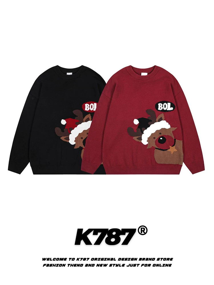 K787 Áo len dệt kim màu đỏ phong cách Trung Quốc Giáng sinh hình tuần lộc hoạt hình vui nhộn unisex Áo len cổ điển kiểu Mỹ Áo len cặp đôi