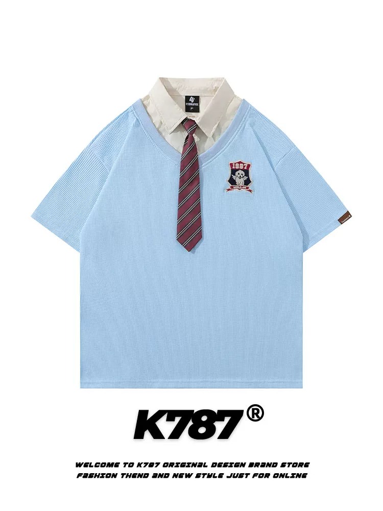 K787 Áo sơ mi POLO phong cách đại học đa năng theo phong cách retro Mỹ dành cho nam và nữ, áo thun ngắn tay giả hai mảnh có dây buộc thông thường