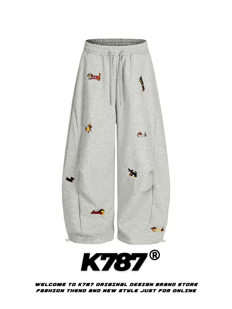 Quần thể thao rộng ống rộng phong cách retro Mỹ K787 thêu hình chó, unisex, cạp cao, kiểu dáng thoải mái, đa năng
