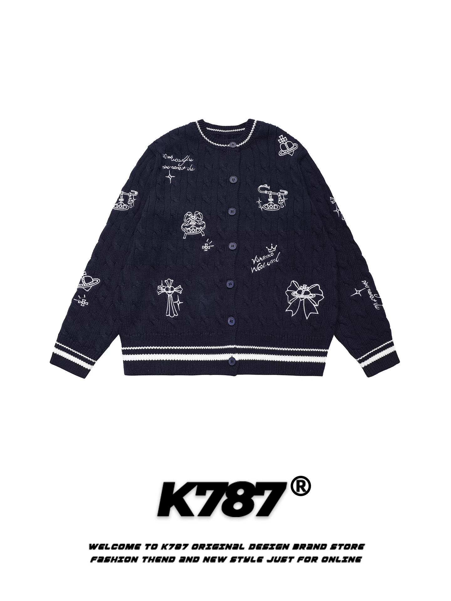 Áo len cardigan cổ tròn thêu kiểu Mỹ cổ điển K787 dành cho nữ, ôm dáng, eo thon, áo khoác ngắn dệt kim