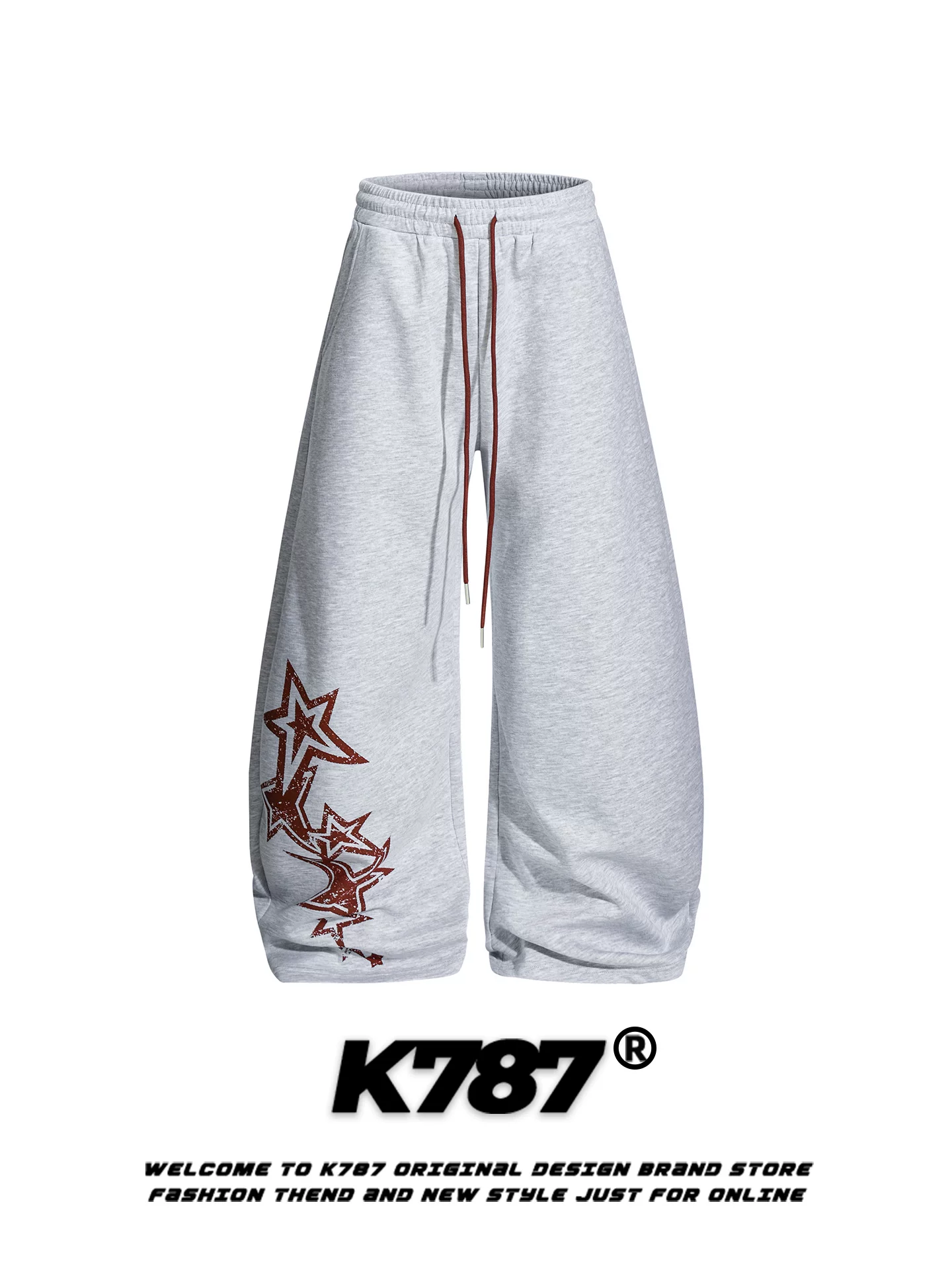 Quần ống rộng unisex kiểu Mỹ cổ điển in hình sao K787, dáng rộng, phong cách đường phố, thể thao, có dây rút, chất liệu thoải mái